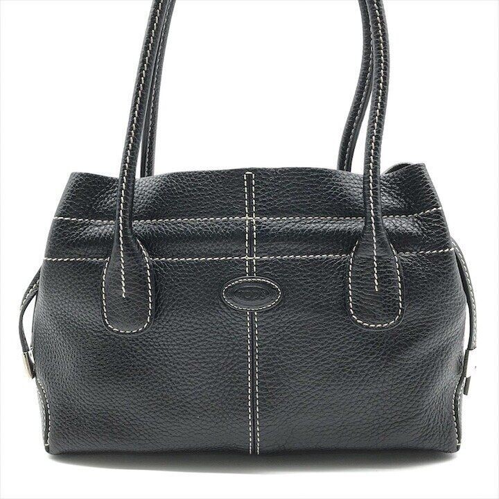 Tods Black Leather Shoulder Hand Bag Tote Purse Women Italy Luxury 27cm 19cm