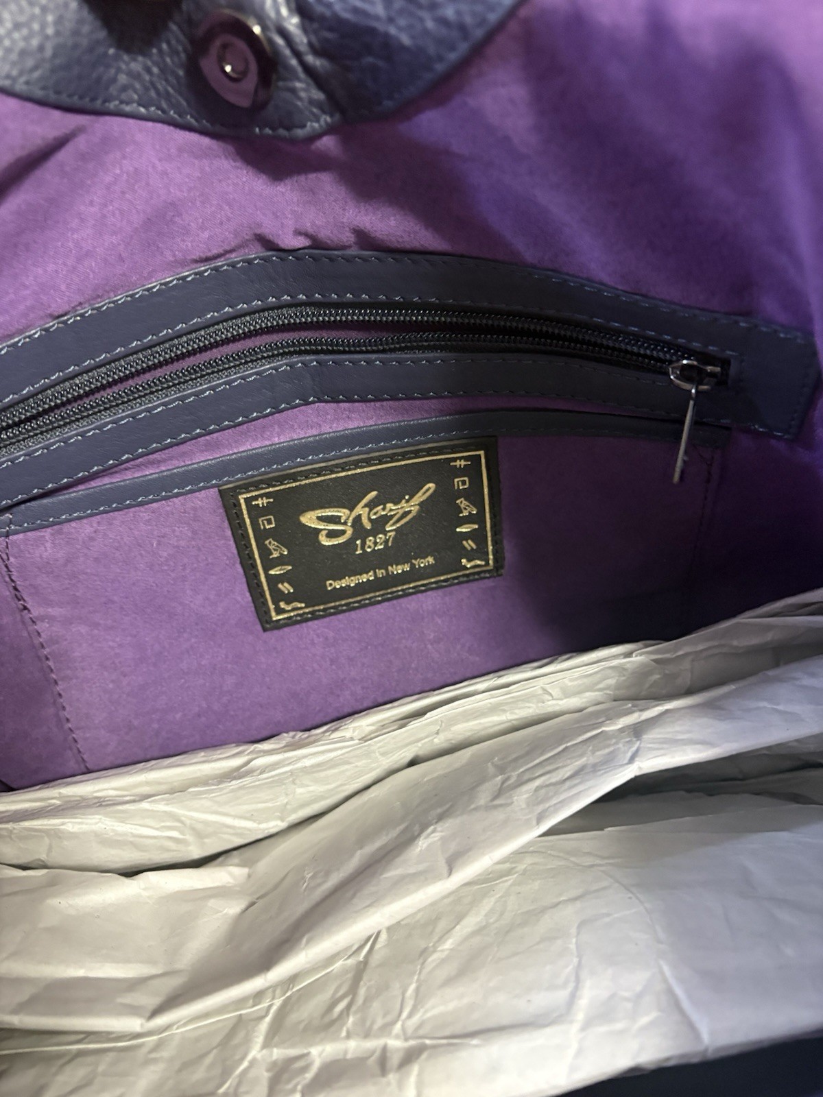 $229 SHARIF Navy Blue CALF HAIR TRIM LEATHER New With Tags Large Bag