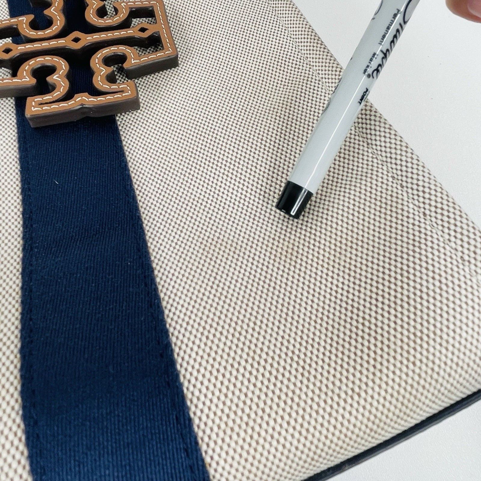 Tory Burch Beige Canvas w/ Navy Blue Grosgrain & Leather Accent Tote Bag 15×11.5