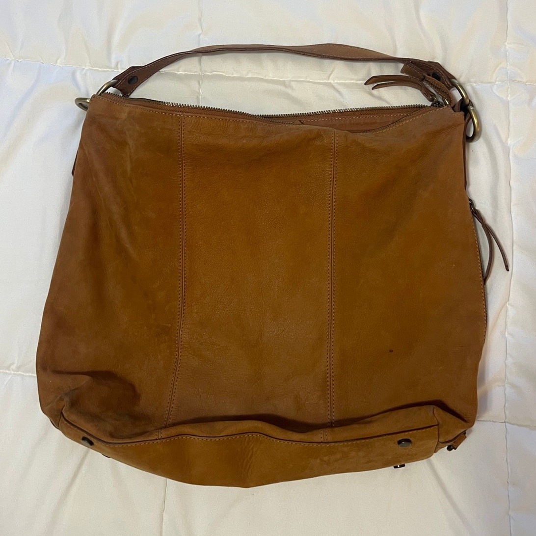 Garnet Hill Cognac Italian Leather Slouchy Hobo Bag Large Shoulder Tote Flaw