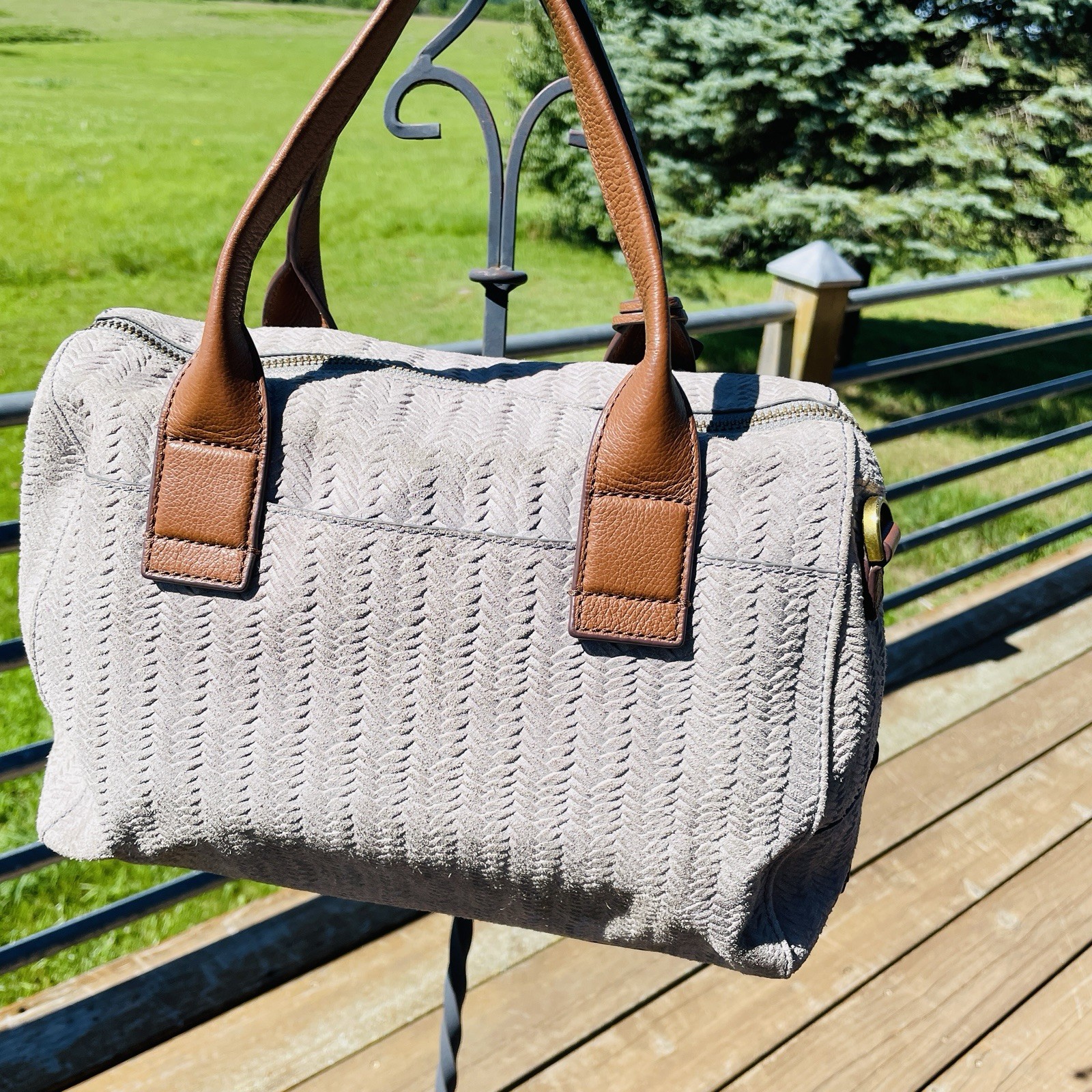 Fossil Fiona Satchel Bag Doctor Western Woven Cowhide Leather Suede Light Grey