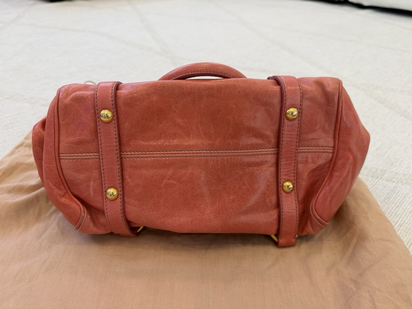 Miu Miu Pink Satchel Top Handle Zip Closure Bow Gold Hardware Strap Dust Bag