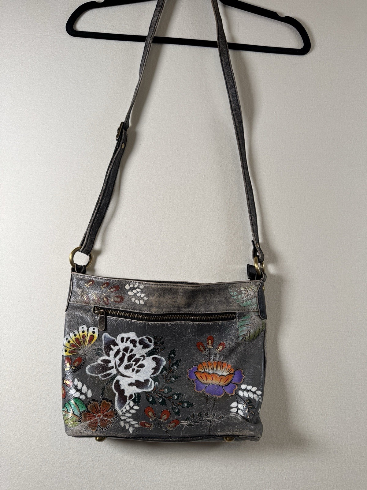 Hand Painted Floral Leather Crossbody Bag Boho Folk Art Purse Made in India