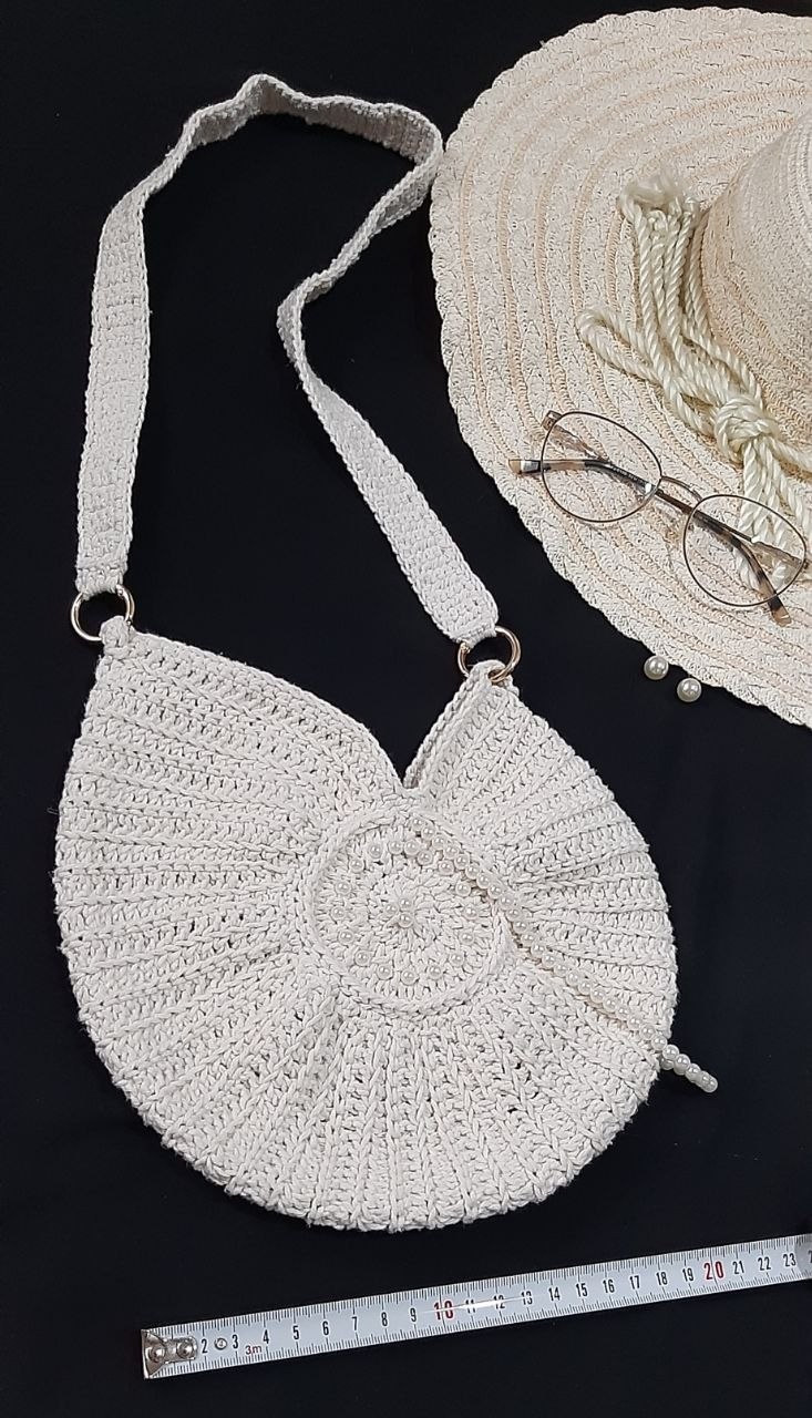 Handmade Crochet Cotton Half Moon Shoulder Bag for Women Boho Woven Ivory Purse
