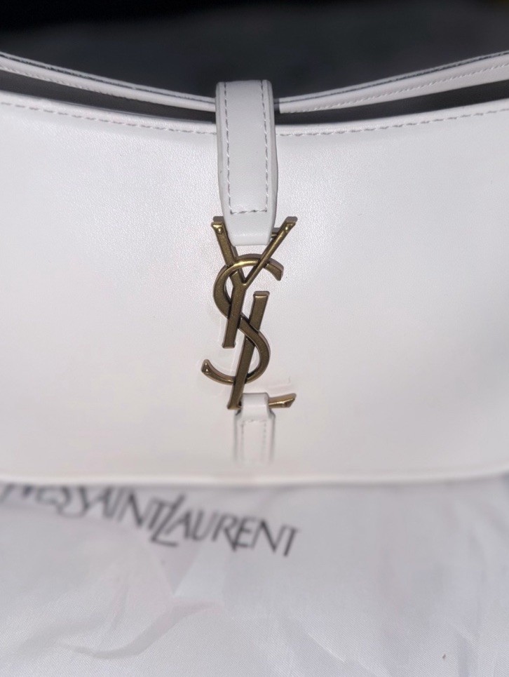 Saint Laurent YSL White Shoulder Bag Gold Hardware Logo Adjustable Strap Dust