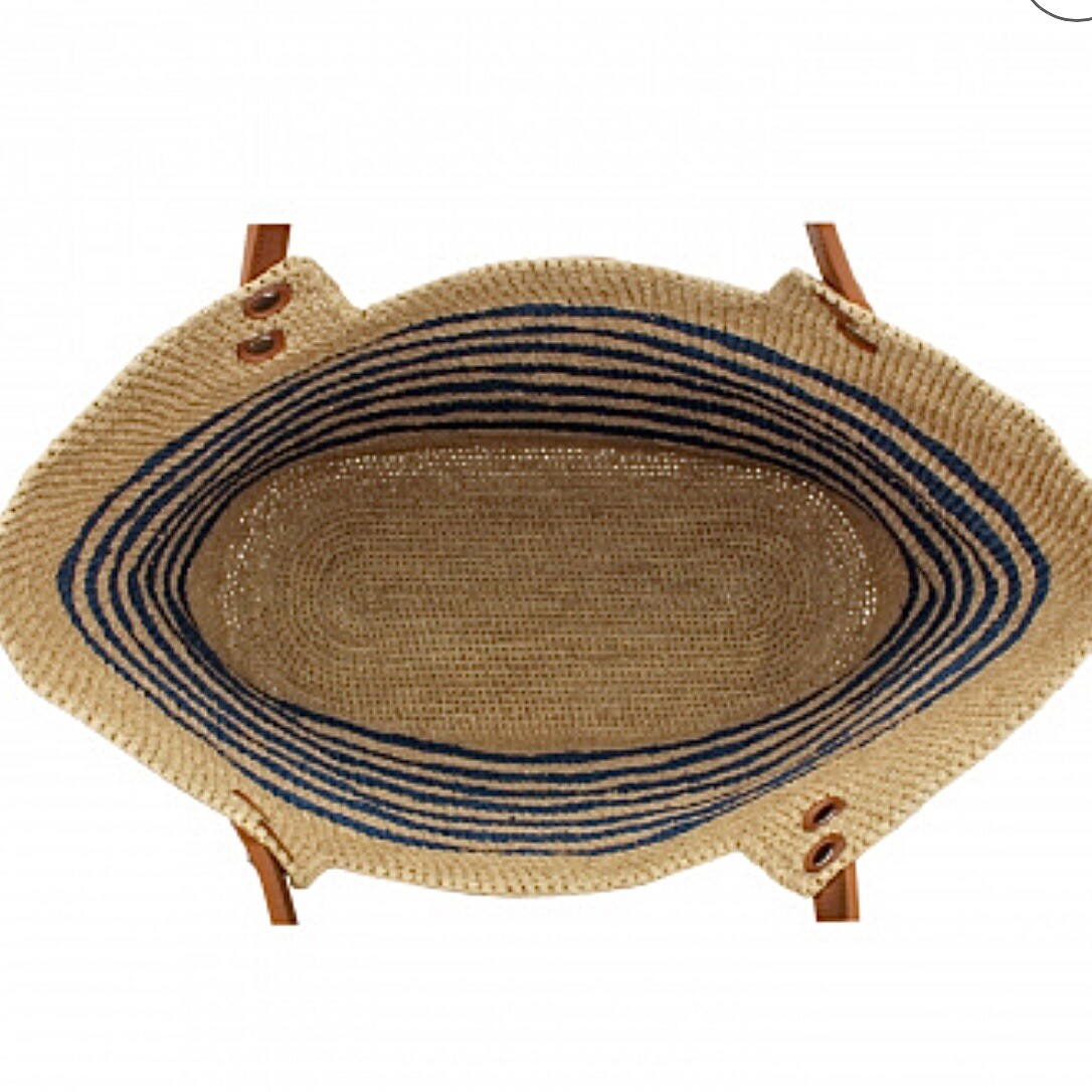 Brighton Ferrara Collection PALMIER RAFFIA Straw TOTE Wheat & Blue H73426 NWT