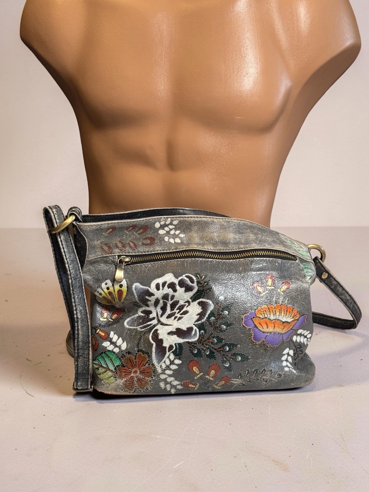 Hand Painted Floral Leather Crossbody Bag Boho Folk Art Purse Made in India