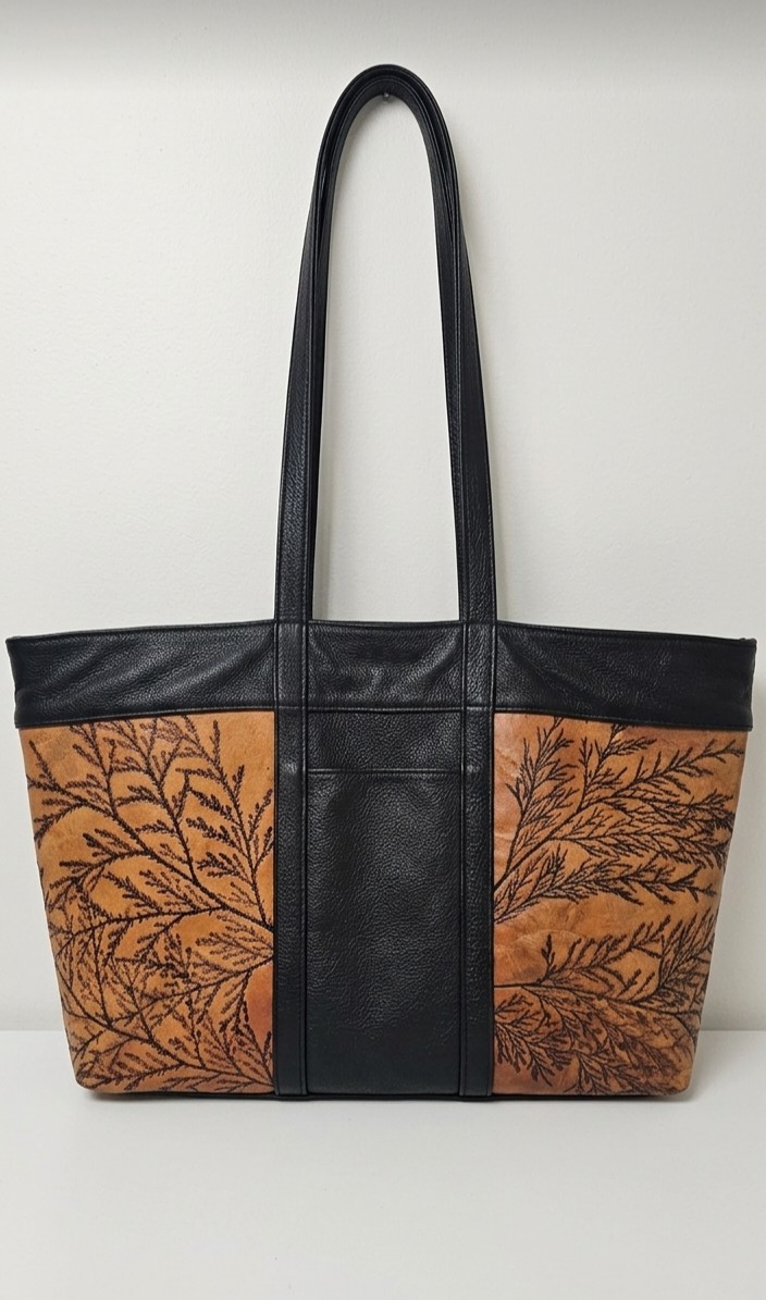 Vintage 1996 C.L. Whiting Leaf Leather Tote Bag Hand Tooled Genuine Black Tan