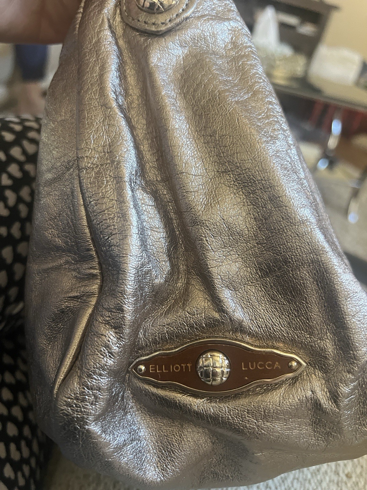 Elliott Lucca Metallic Silver Shoulder Bag Floral Applique Zip Pockets Gold