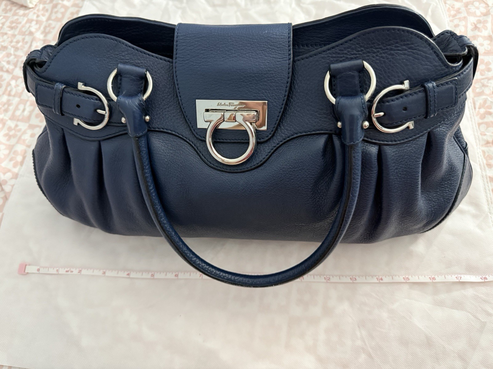 Salvatore Ferragamo Blue Pebbled Satchel Top Handle Zip Silver Hardware Buckle