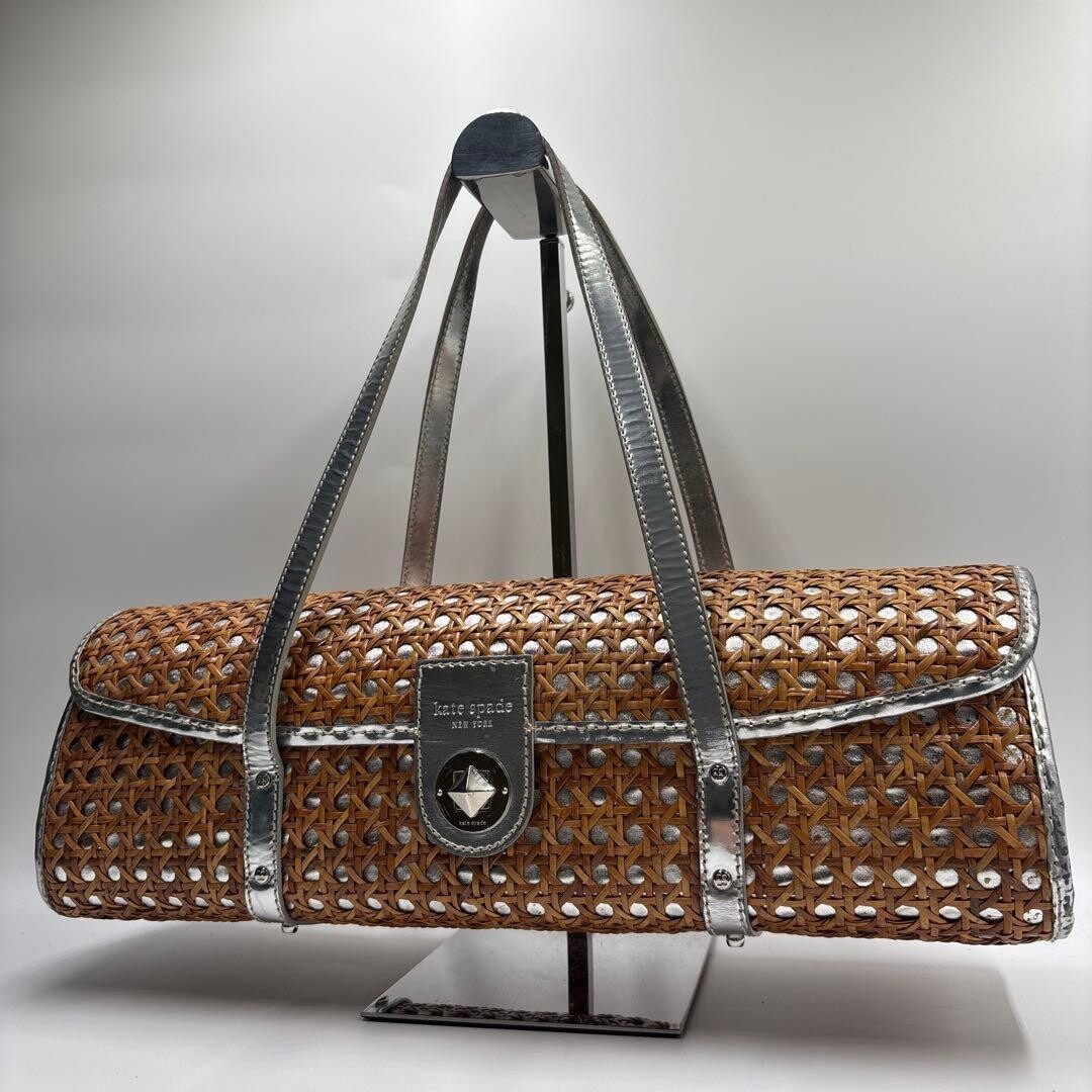 Kate Spade New York Woven Rattan Basket Cylinder Bag Silver Brown Authentics