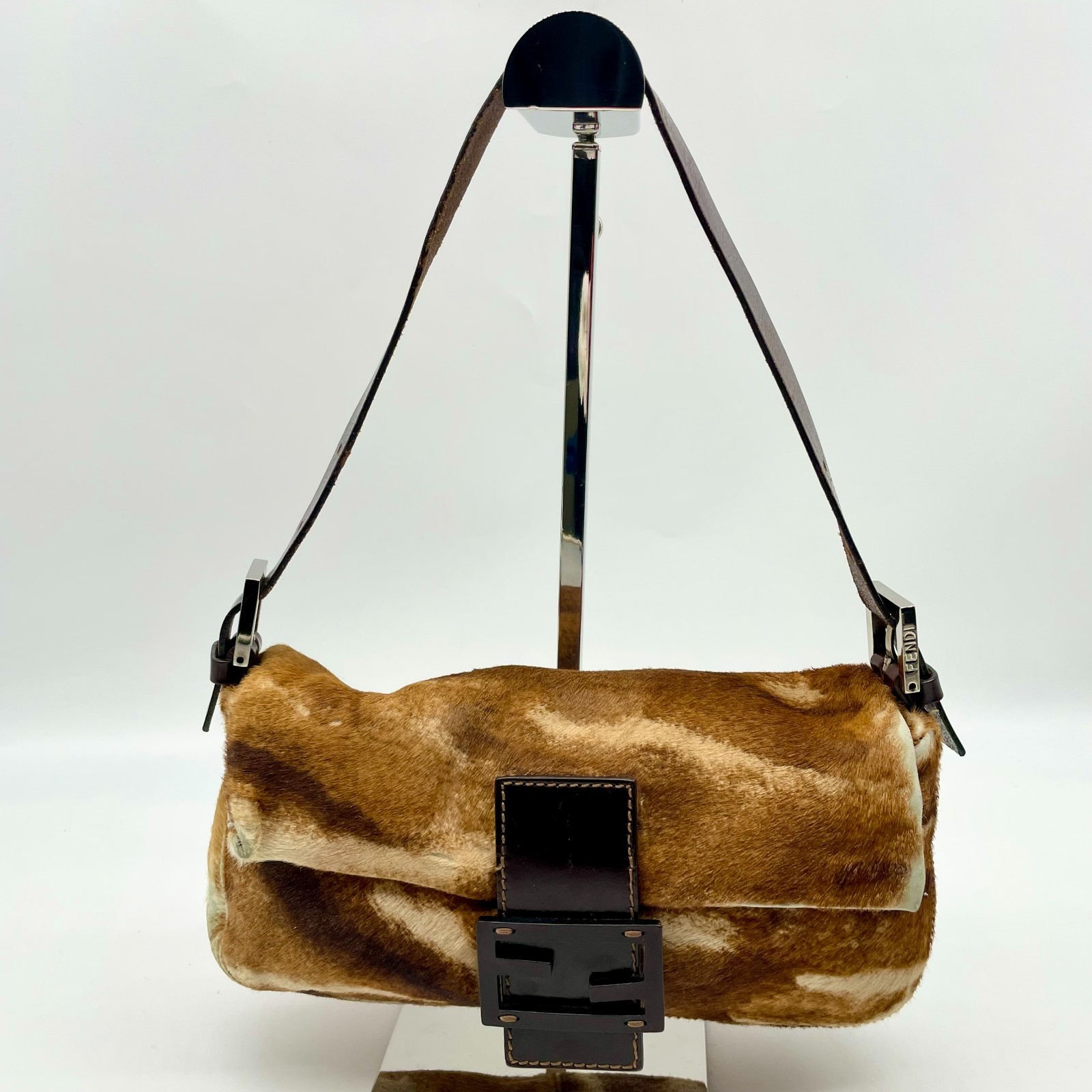 Fendi Handbag Mamma Baguette Shoulder bag Brown Leather Pony hair Y2K Tote Auth