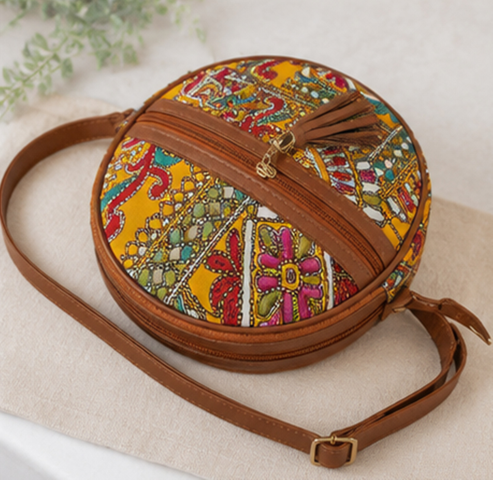 Round Boho Crossbody Bag, Handmade Yellow Tribal Print Purse, Ethnic Circular