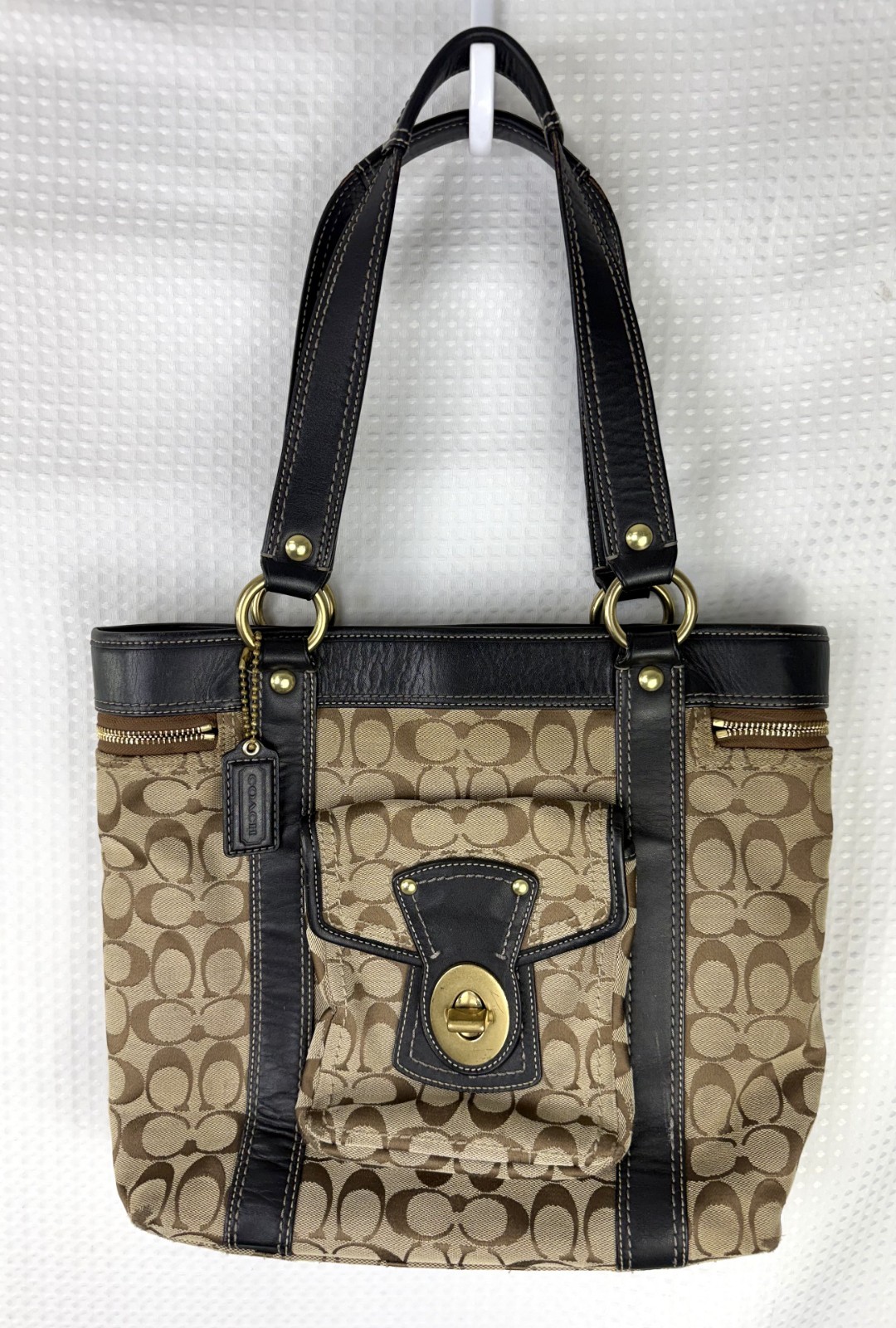 Coach Legacy Signature Tote Bag F12889 Jacquard Leather Trim Vintage EUC