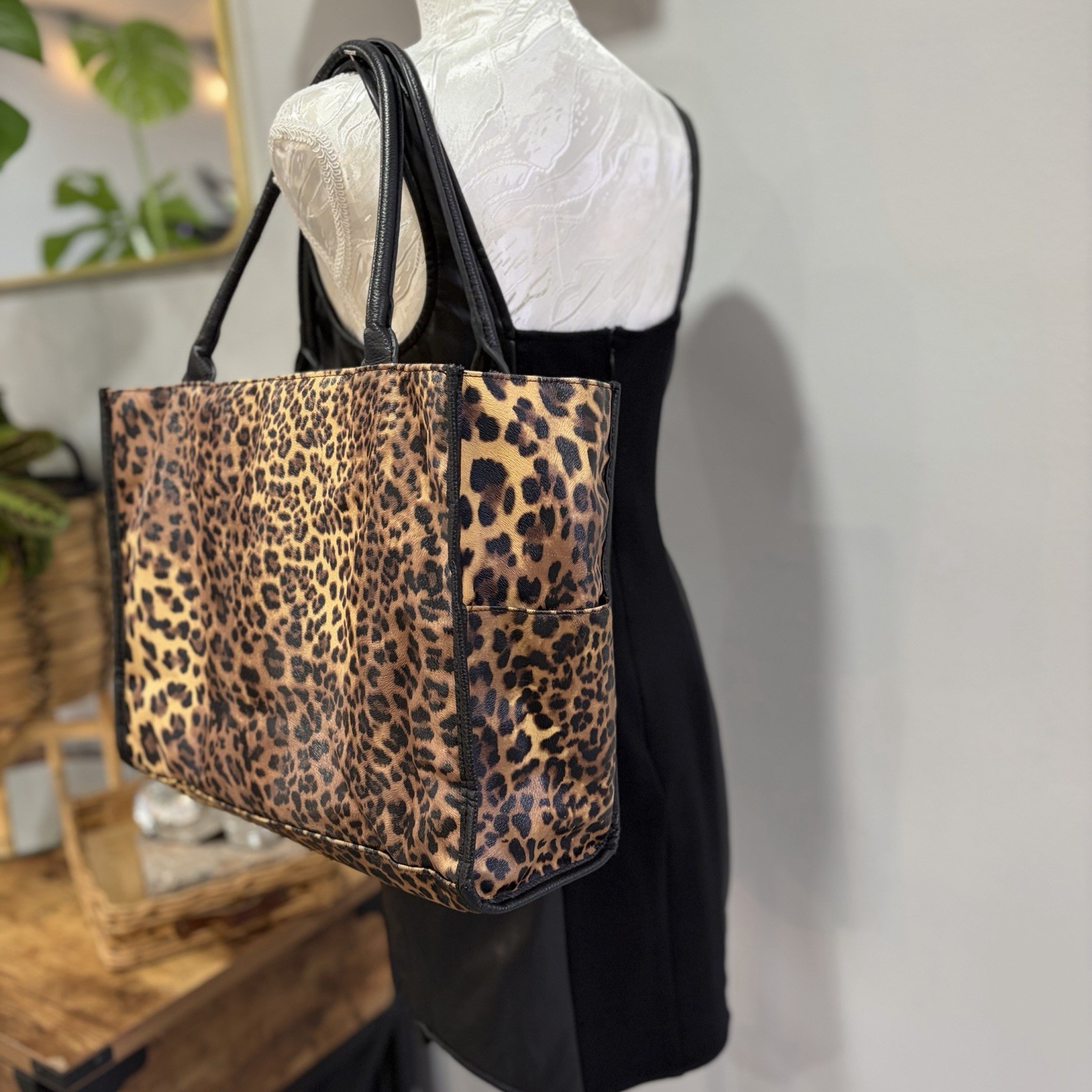 Neiman Marcus Leopard Print Tote Bag Large Structured Shoulder Purse Travel Work
