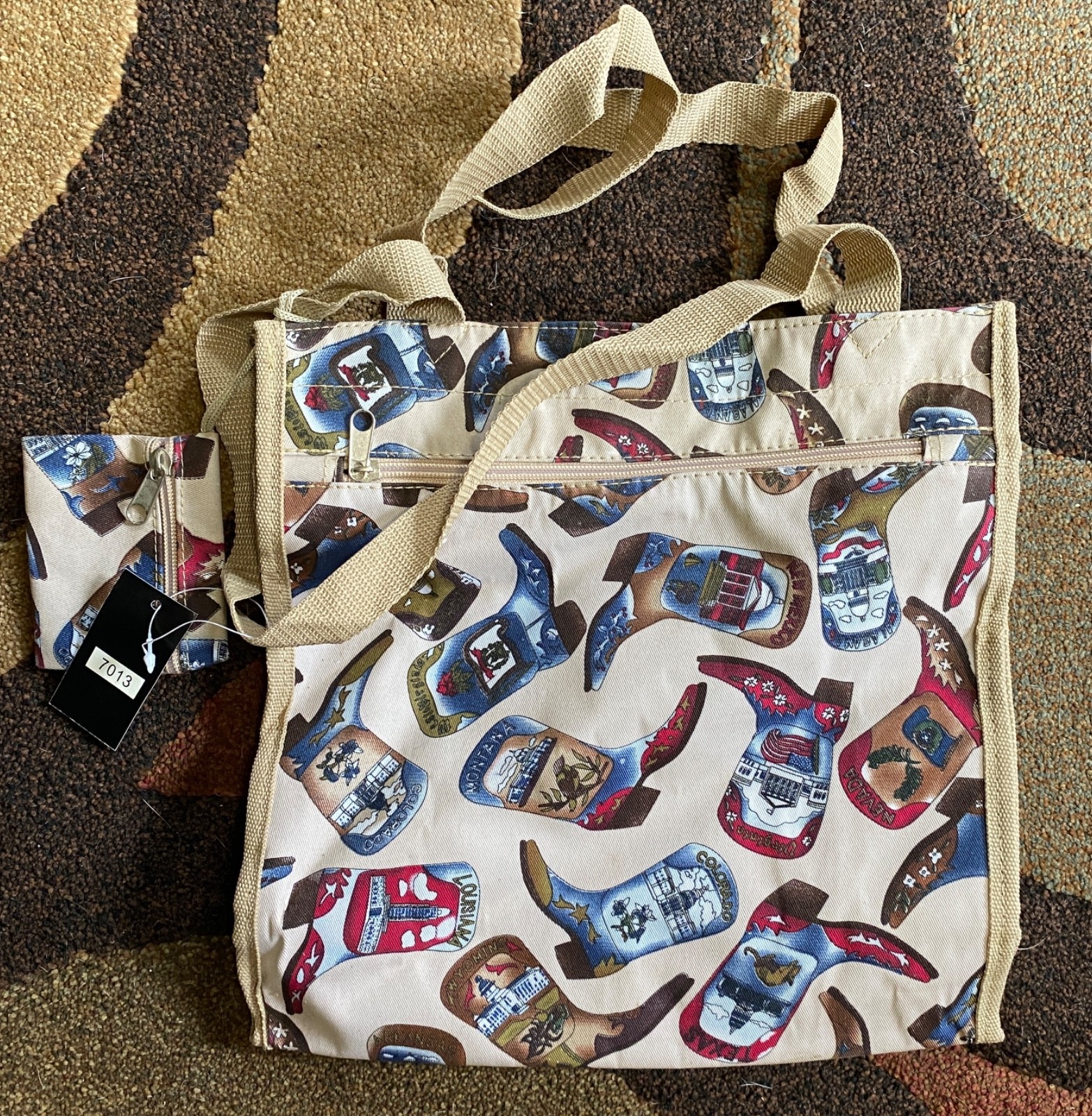 NWT Behringer Canvas Tote Bag with Cowboy Boots, Western Theme, Horses!