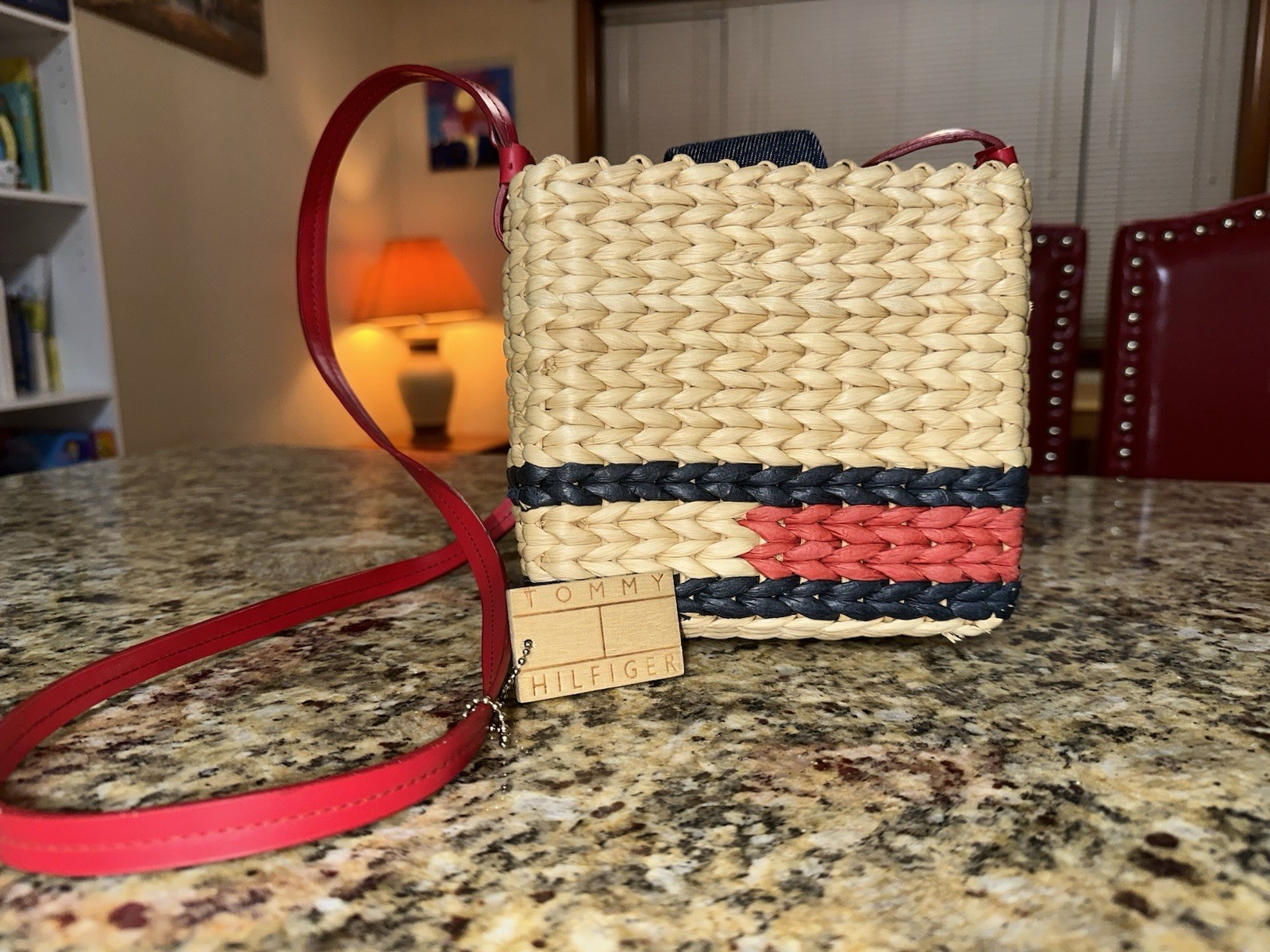 Tommy Hilfiger Small Woven Snap Crossbody Bag Lined Logo Beige Red Blue