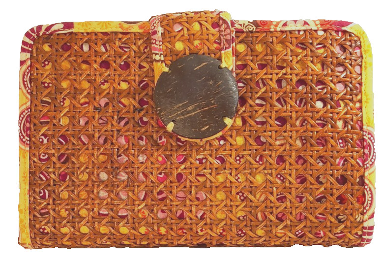 Vera Bradley Clutch Purse Tiki Bali Woven Cane Yellow Purple Snap BEACH RESORT