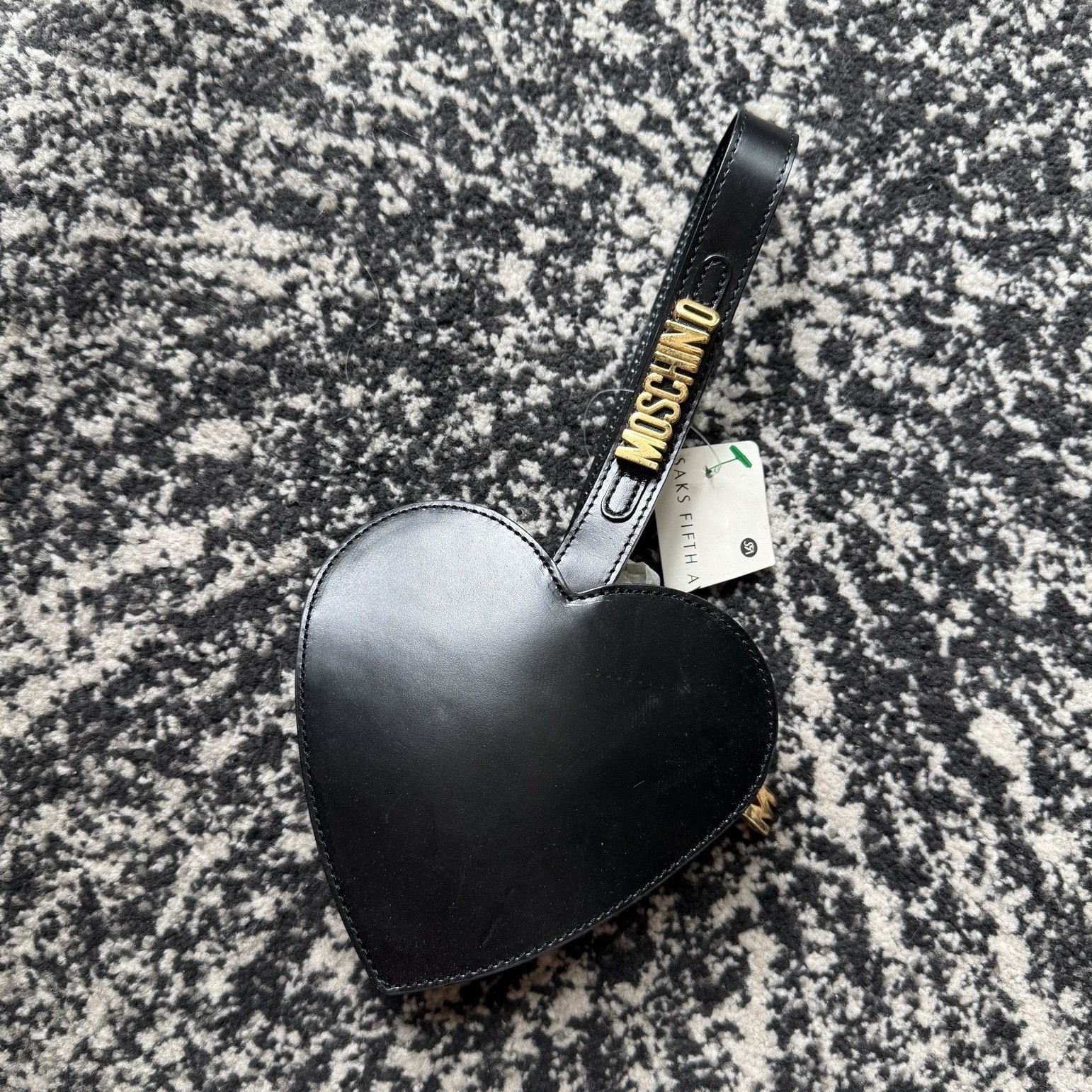 Moschino Heart-Shaped Black Wristlet Zip Clutch Gold-Tone Logo Strap