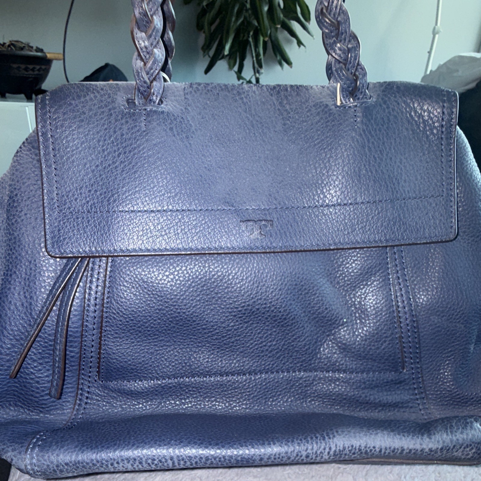 Tory Burch Blue Pebbled Satchel Top Handle Bag Double Handles Zip Closure