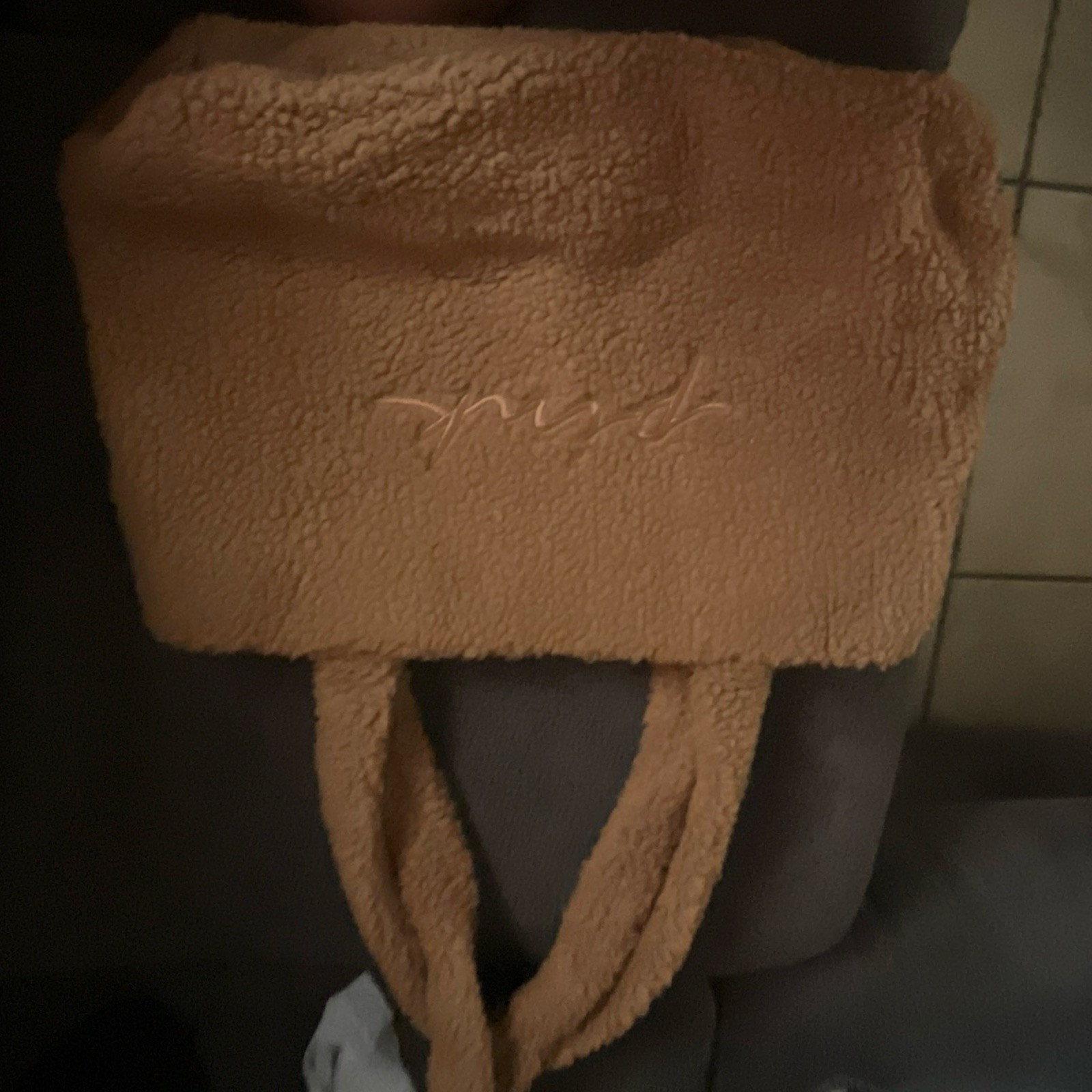 PINK Beige Sherpa Tote Bag Logo Pattern Embroidered Accents Magnetic Close
