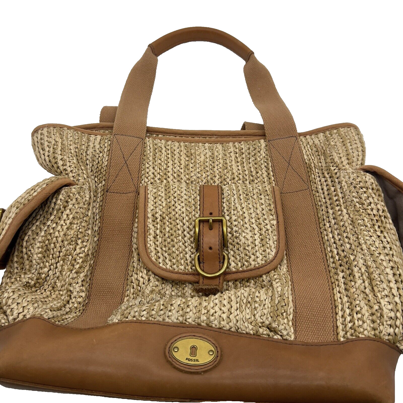 Fossil Handbag Large Weekend Raffia Natural Tote Bag Tan Leather Trim