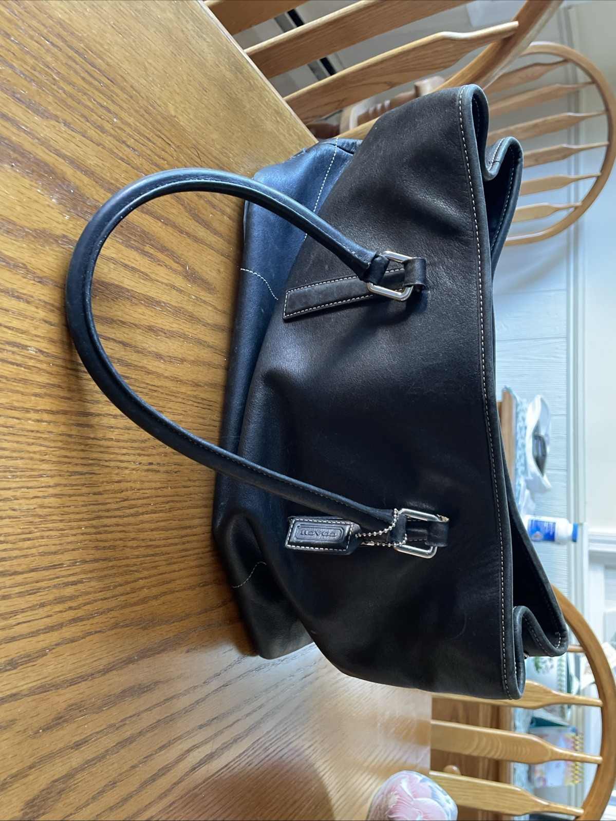 COACH HAMPTON SATCHEL TOTE BAG BLACK LEATHER SILVER HANG TAG BASE STUDS #7555