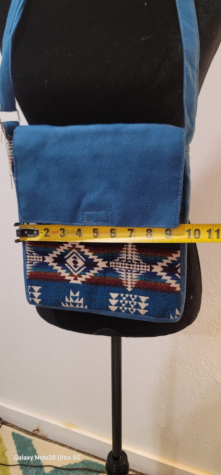 Blue Geometric Tribal Crossbody Bag Magnetic Flap Inner Pockets Silver Hardware