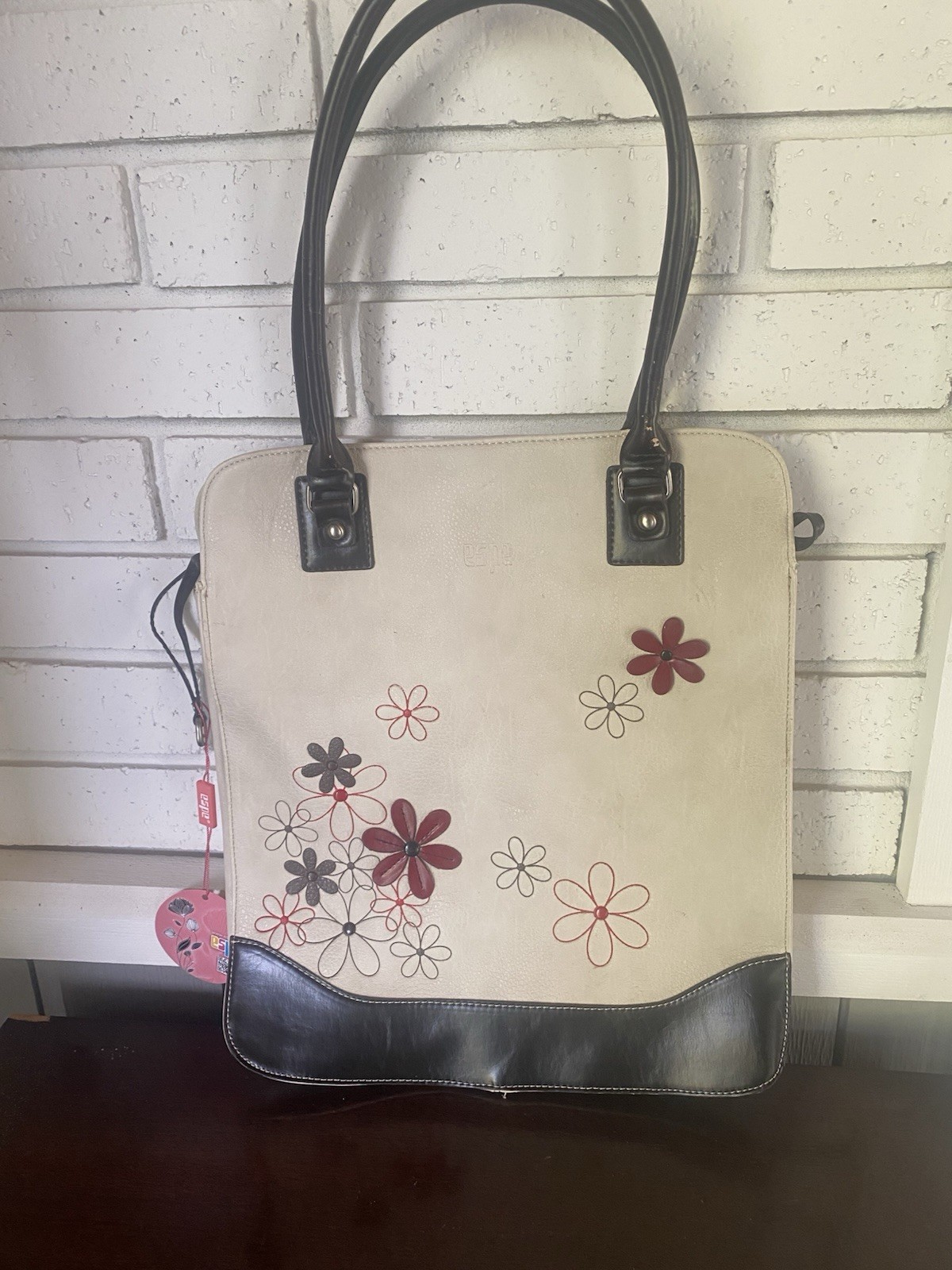 NEW ESPE 2155 Garland Tote Cream Floral Vegan Leather Bag Purse Burgundy Brown