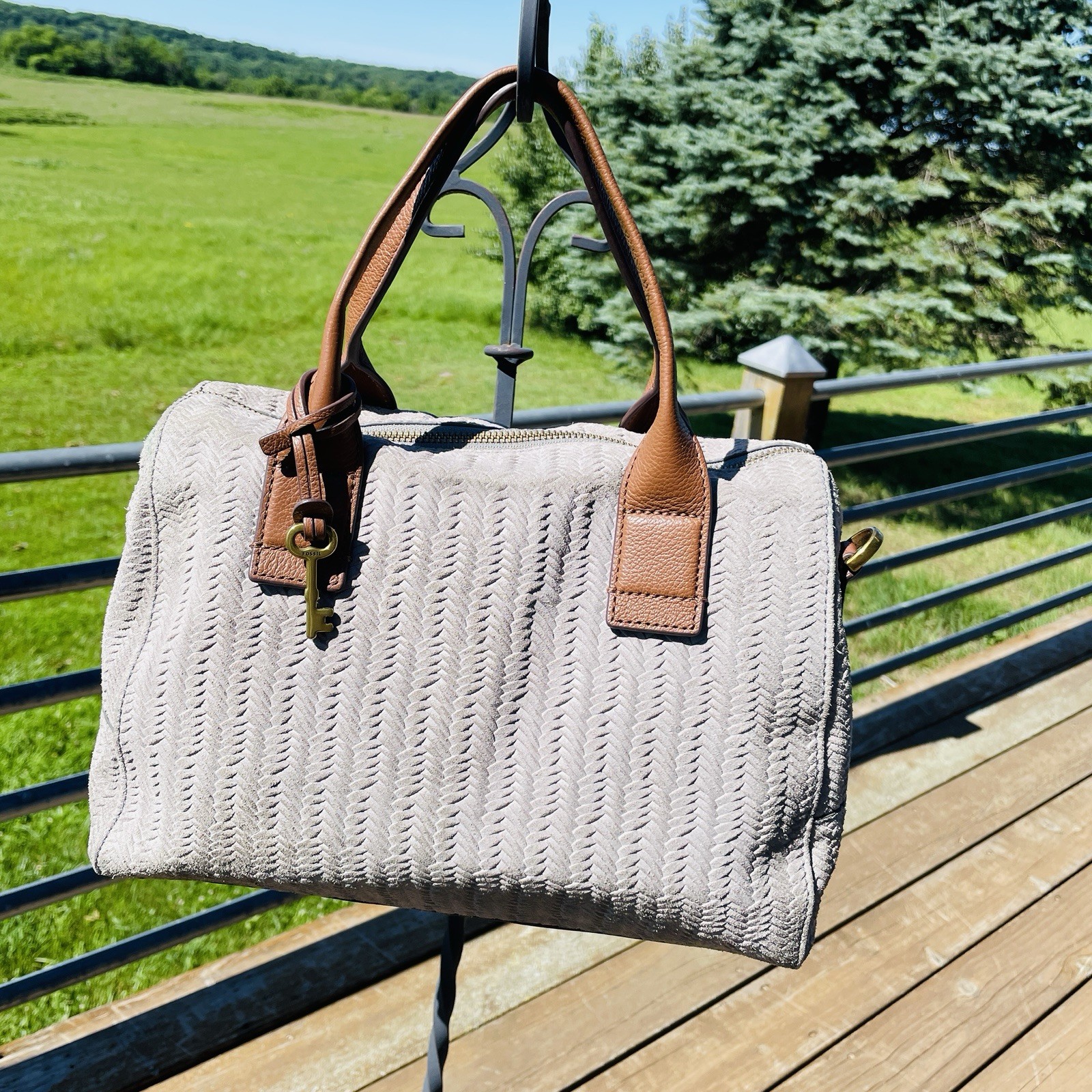 Fossil Fiona Satchel Bag Doctor Western Woven Cowhide Leather Suede Light Grey