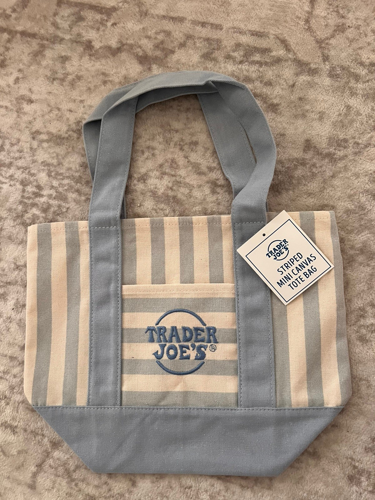 Trader Joes Striped Mini Pastel Blue Canvas Tote Bag Light Blue New with Tags