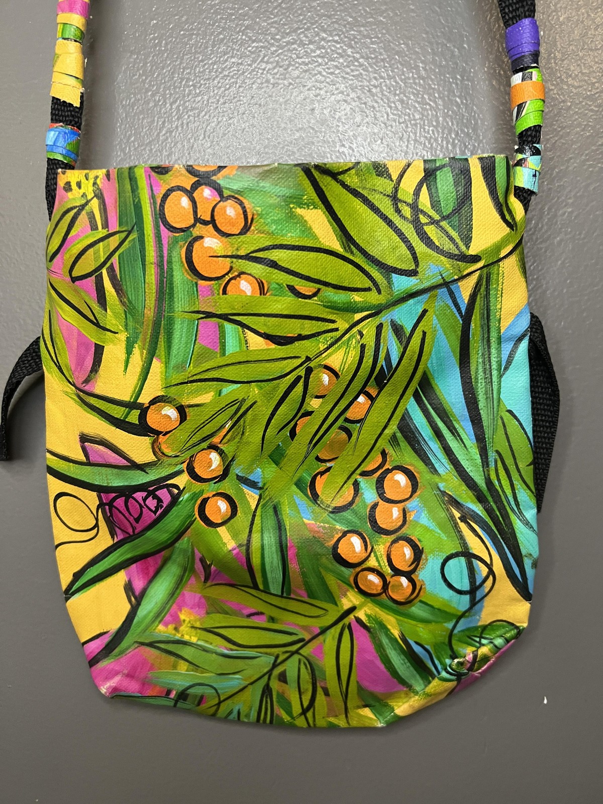 Linda Rovolis Crossbody Bag Womens Small Multicolor Canvas Tropical Hand Painted