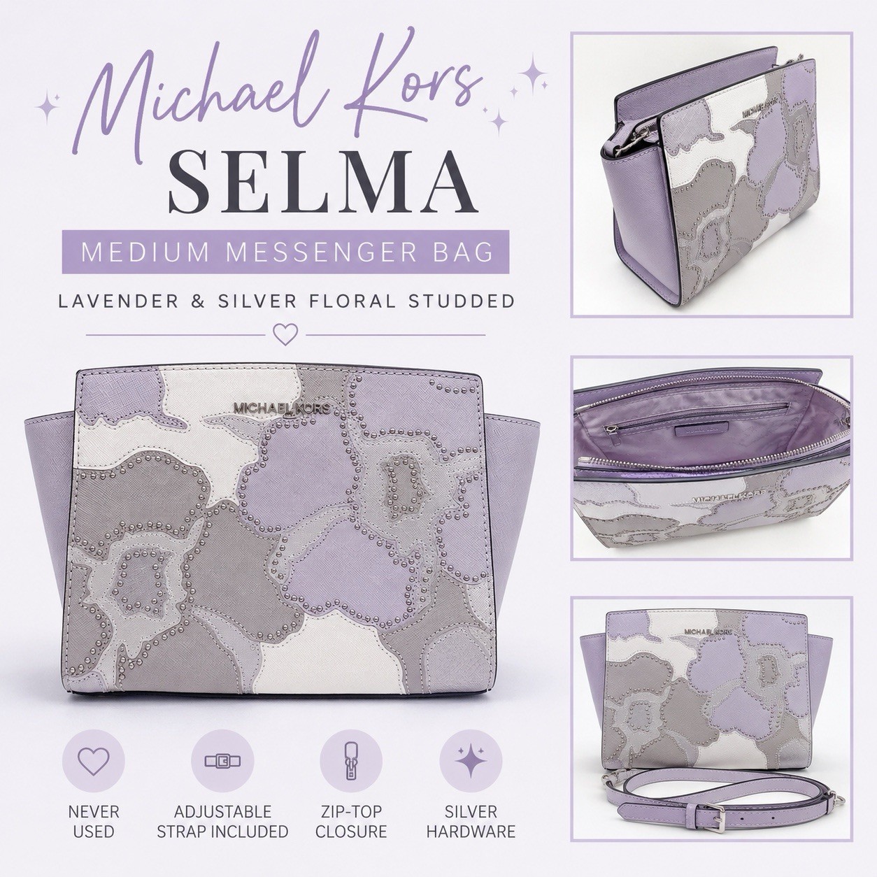 Michael Kors Selma Medium Floral Studded Messenger Bag Zip Lavender