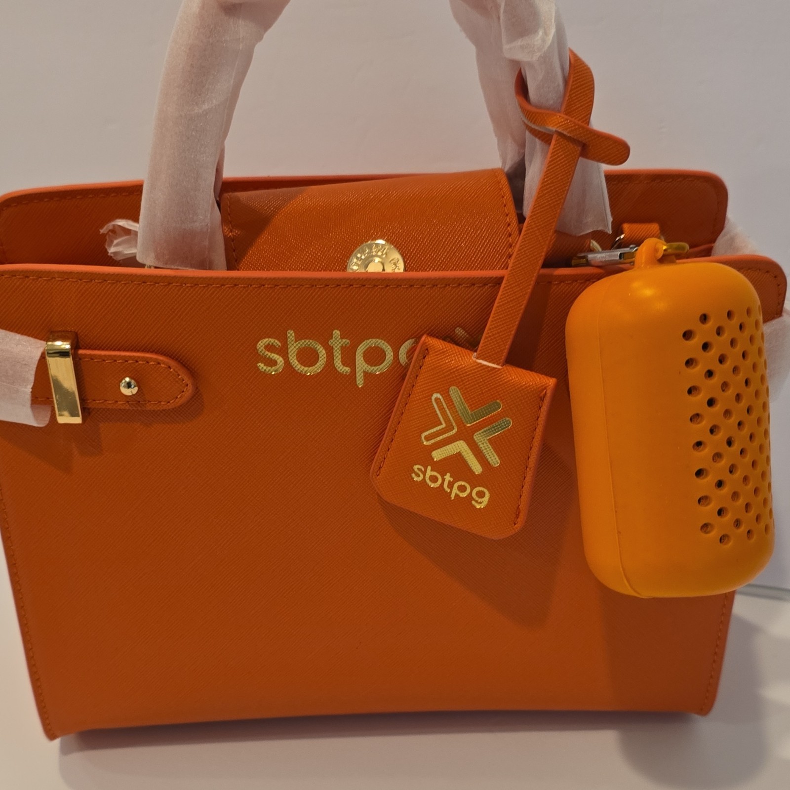 sbtpg Orange Zip Satchel Top Handle Bag w/ Bag Charm, Hangtag, Inner Pockets