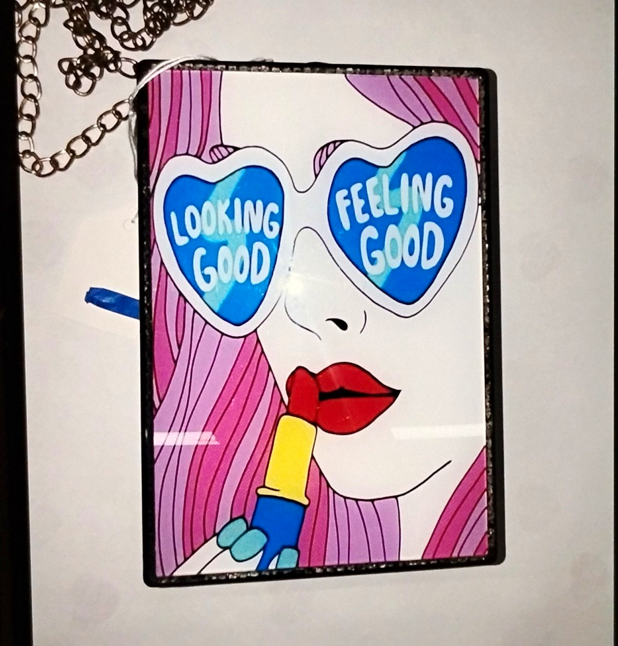 Acrylic Box Clutch Purse “LOOKING GOOD FEELING GOOD” Graphic, With Chain Strap