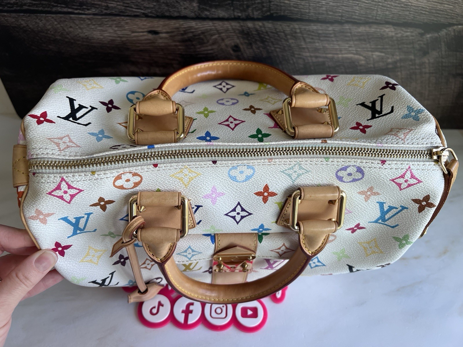 Louis Vuitton Takashi Murakami White Multicolor Speedy 30 Handbag Purse Tote EUC