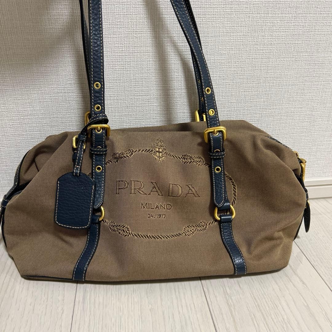 PRADA Beige Navy Handbag From Japan used