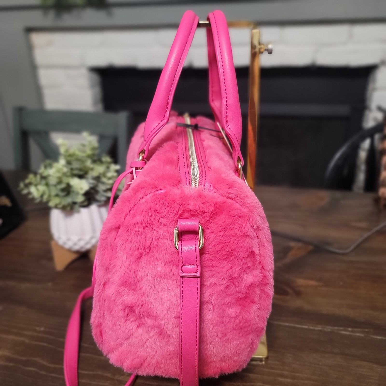Juicy Couture Free Love Satchel Hot Pink Faux Fur Adjustable Crossbody Strap