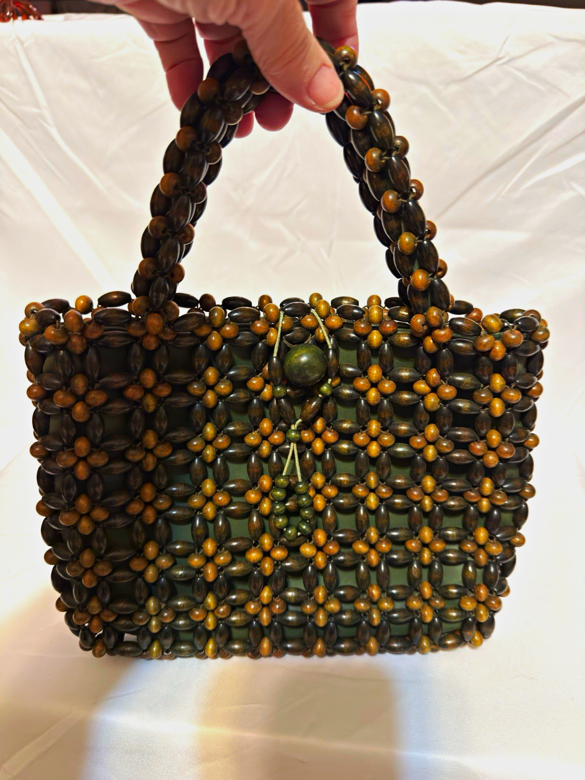 Green Brown Beaded Floral Top Handle Bag Drawstring Lined Inner Pockets M
