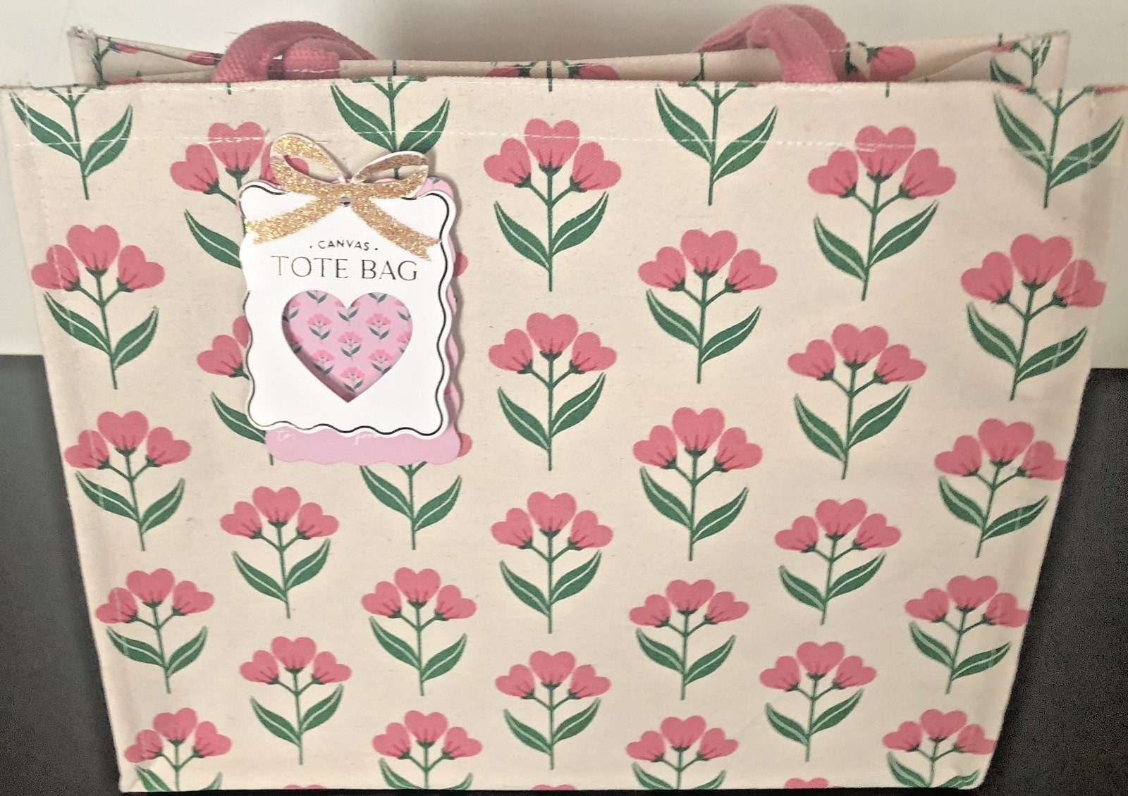 Eccolo Canvas Reusable Tote Bag Beige Floral Size 6X12.5×16 Inches