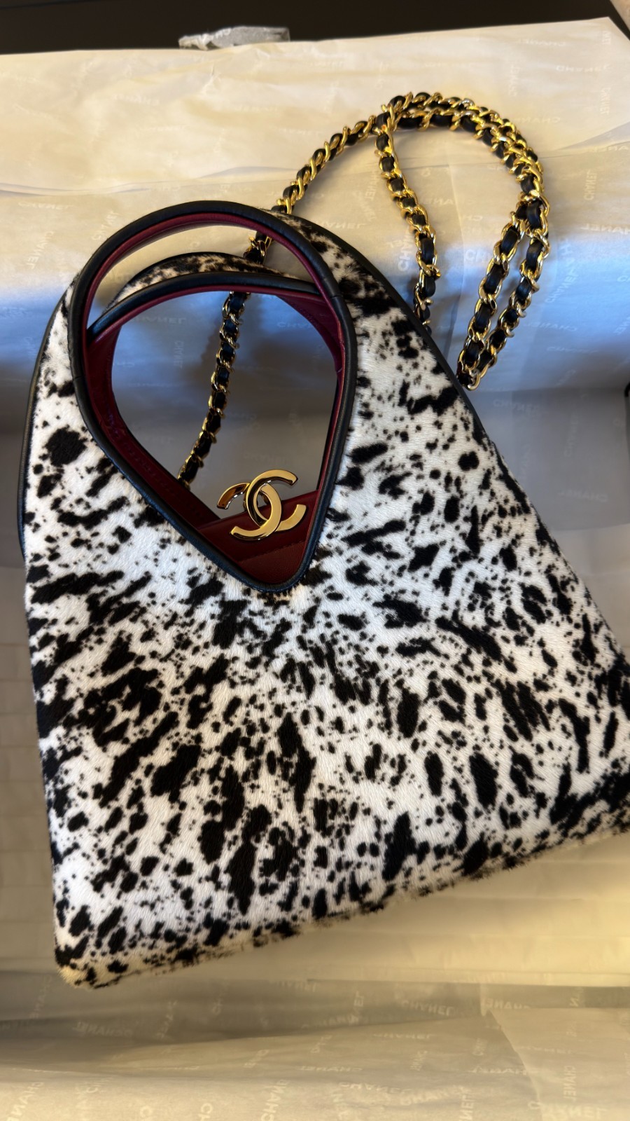 NEW CHANEL Dalmatian Print Small Shopping Bag 26A Pony Hair GHW Full Set Rare