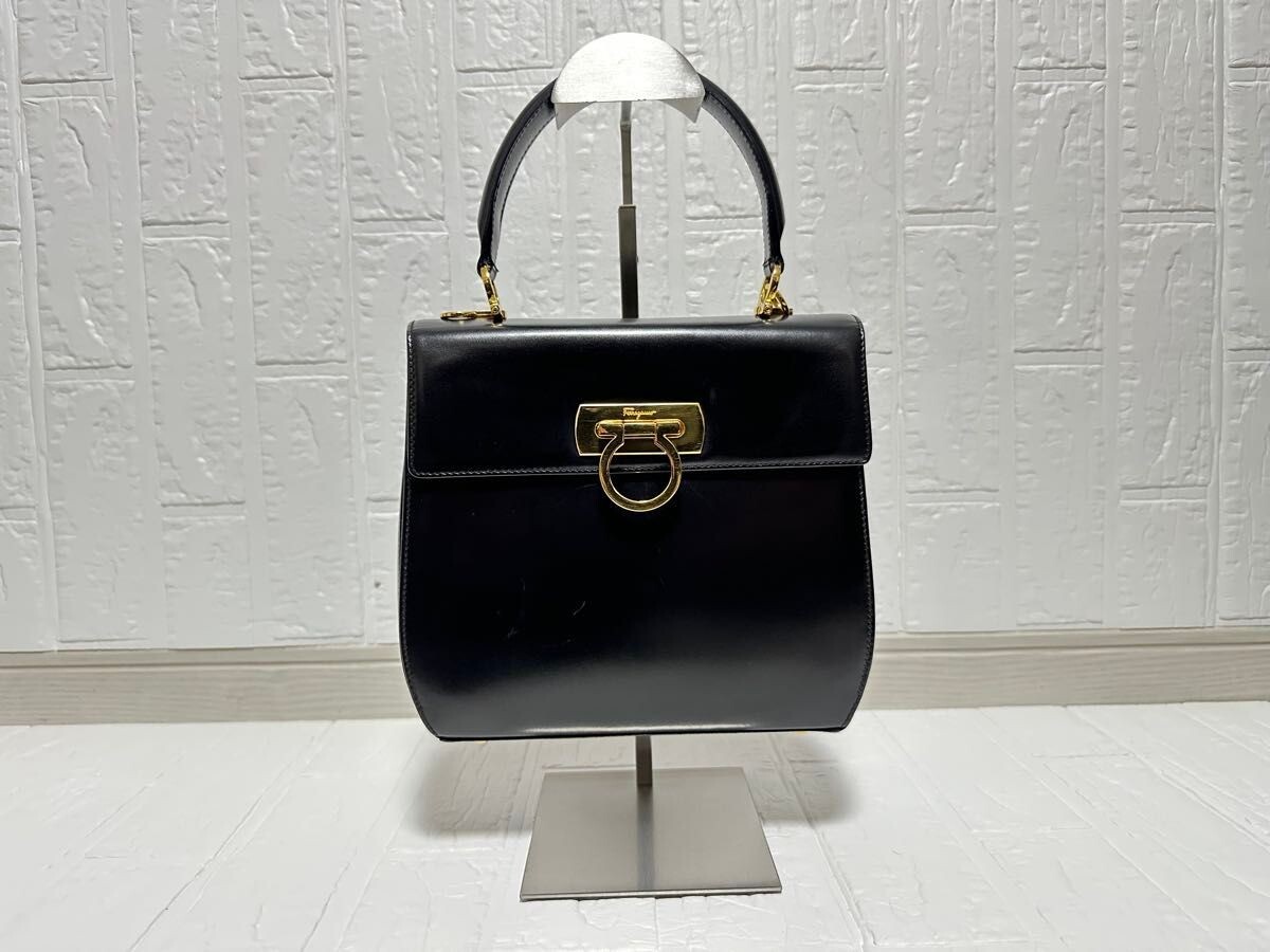 Salvatore Ferragamo Gancini Black Leather Handbag Gold Hardware Top Handle