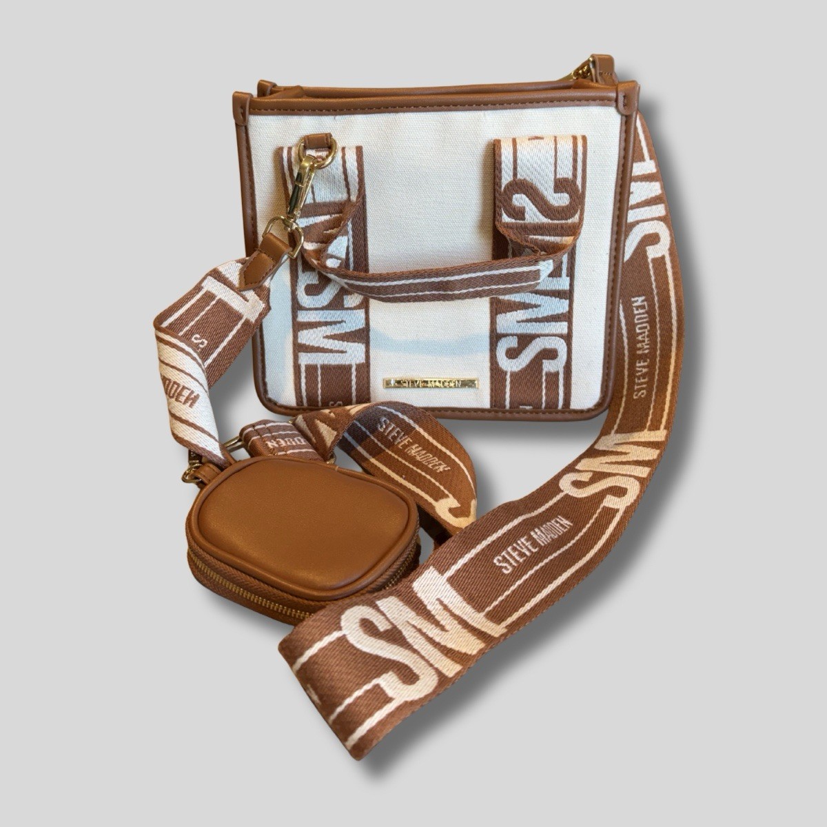 Steve Madden Tan and Cream Canvas Crossbody with Logo Strap