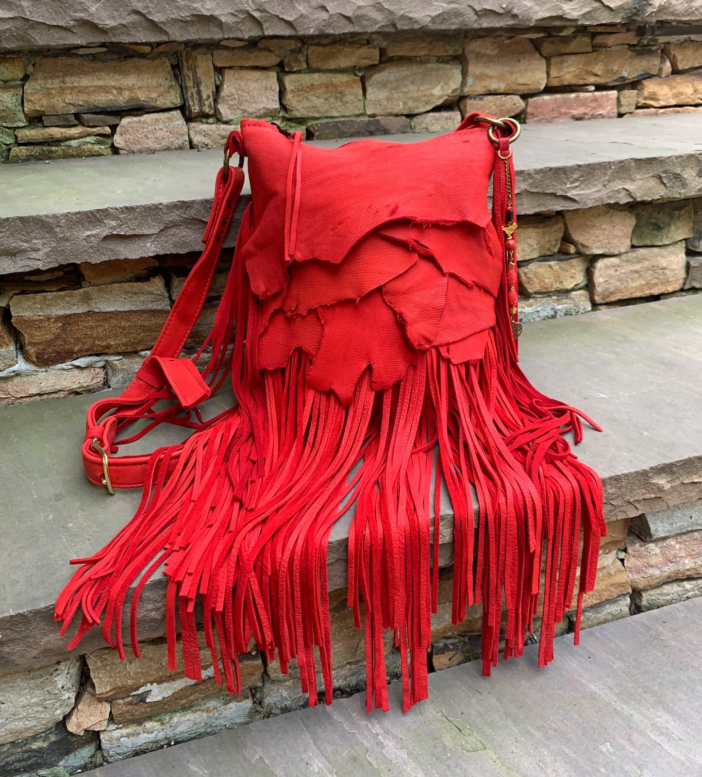 Soft RED Deerskin, beads, BOHO long fringe crossbody bag USA!