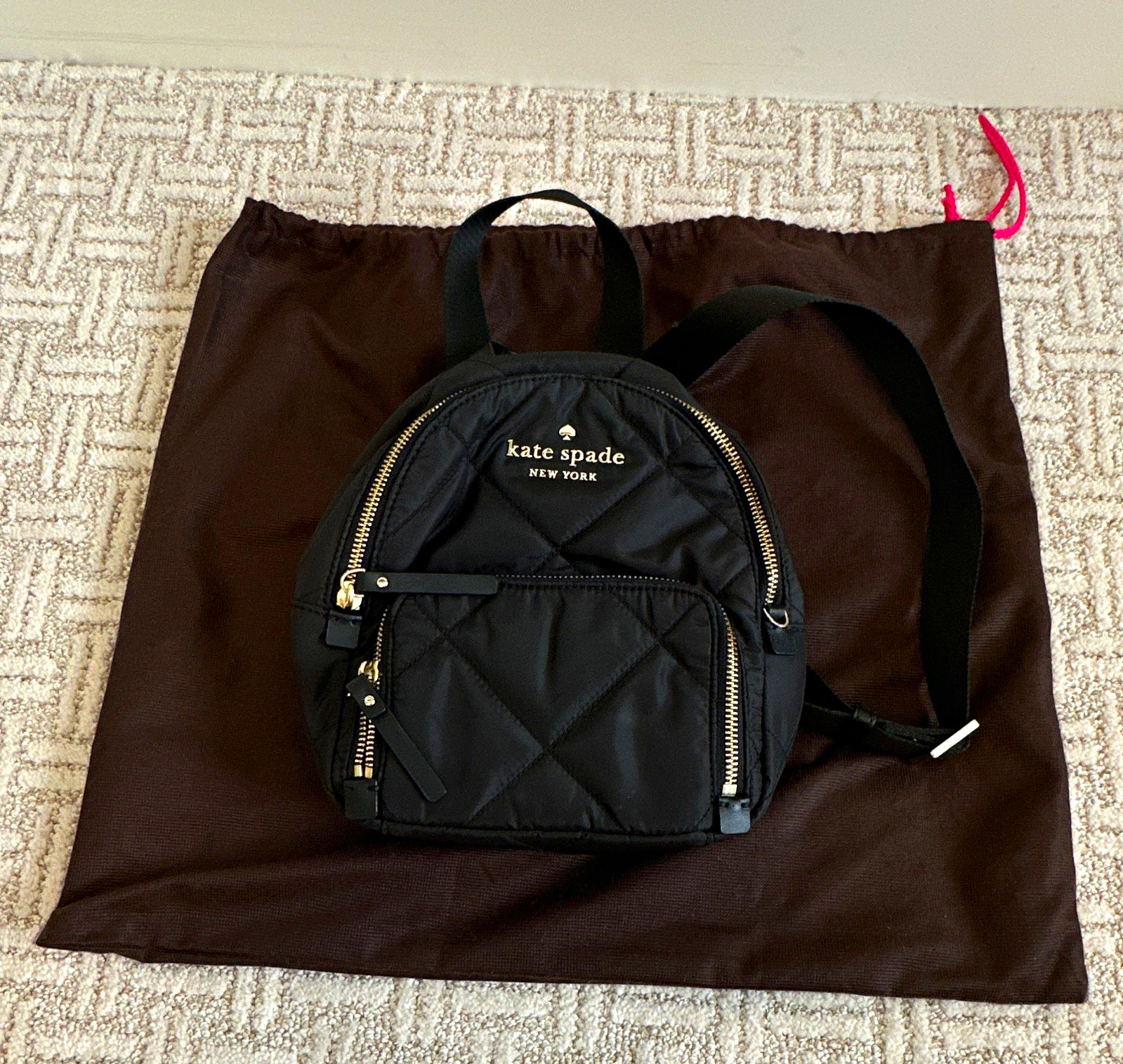 Kate Spade New York Black Quilted Mini Backpack Gold Zip Dust Bag Pockets