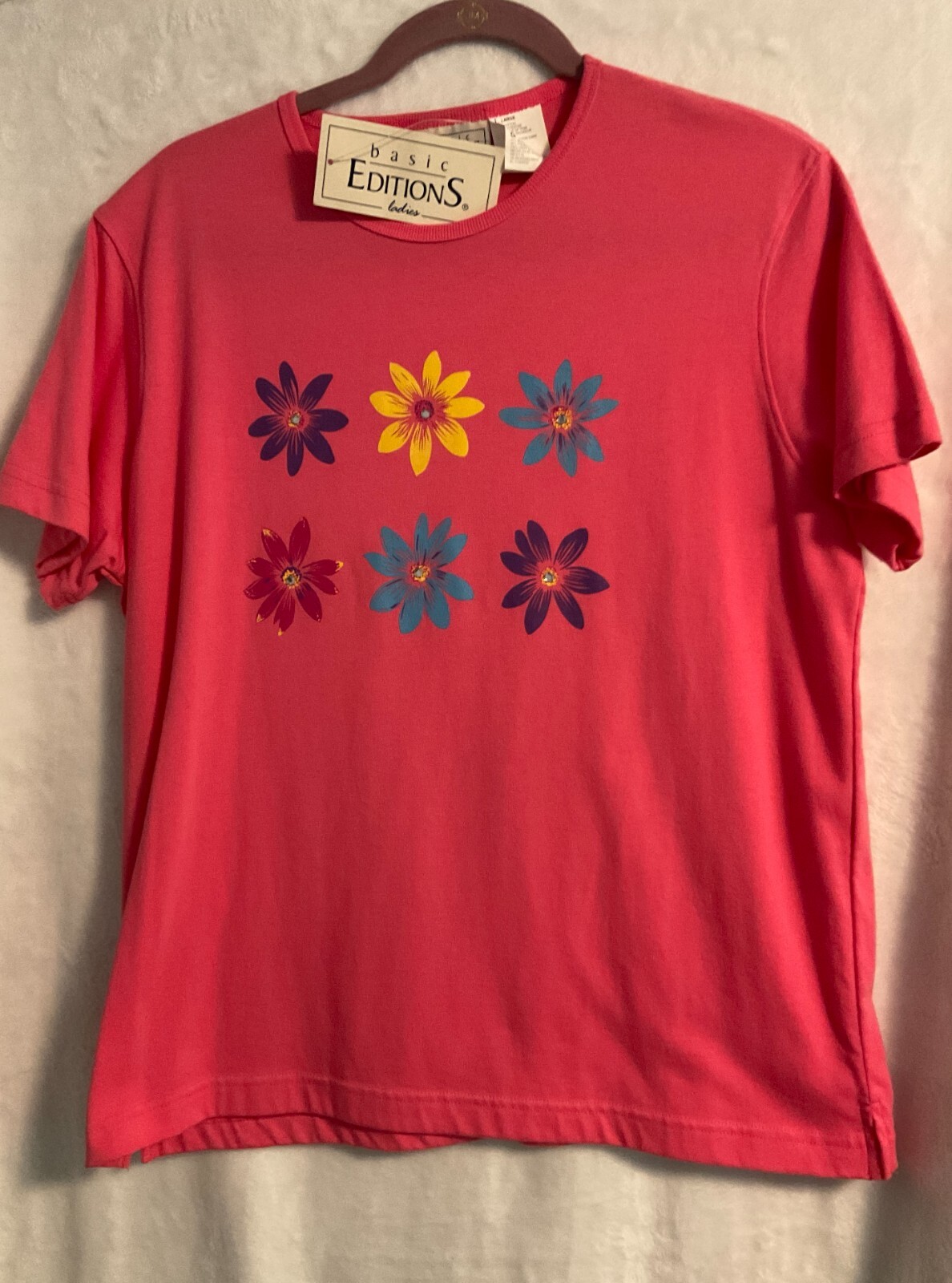 Basic Edition Pink Multi Floral Embellished Short Sleeve Cotton Polyester Top