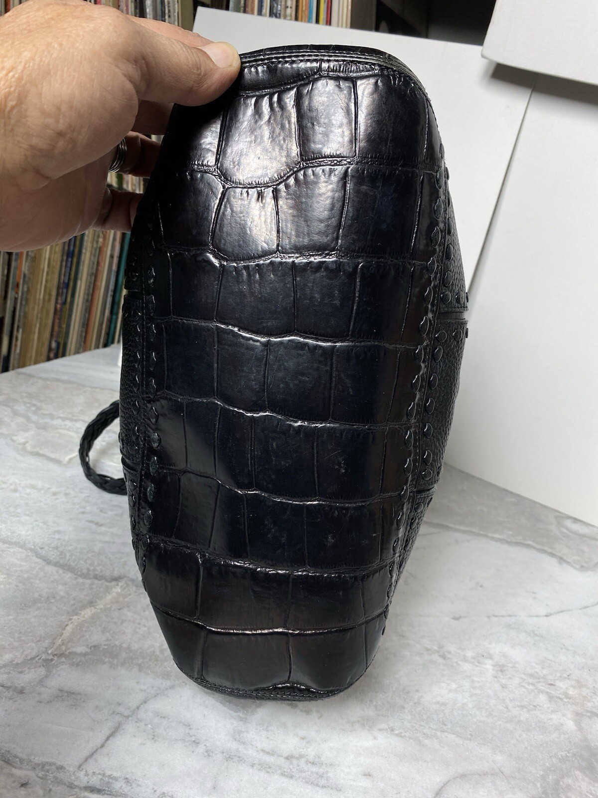 BRIGHTON COLLECTION BLACK LEATHER Whip Stitch HOBO HANDBAG Crocodile Pattern-FS!