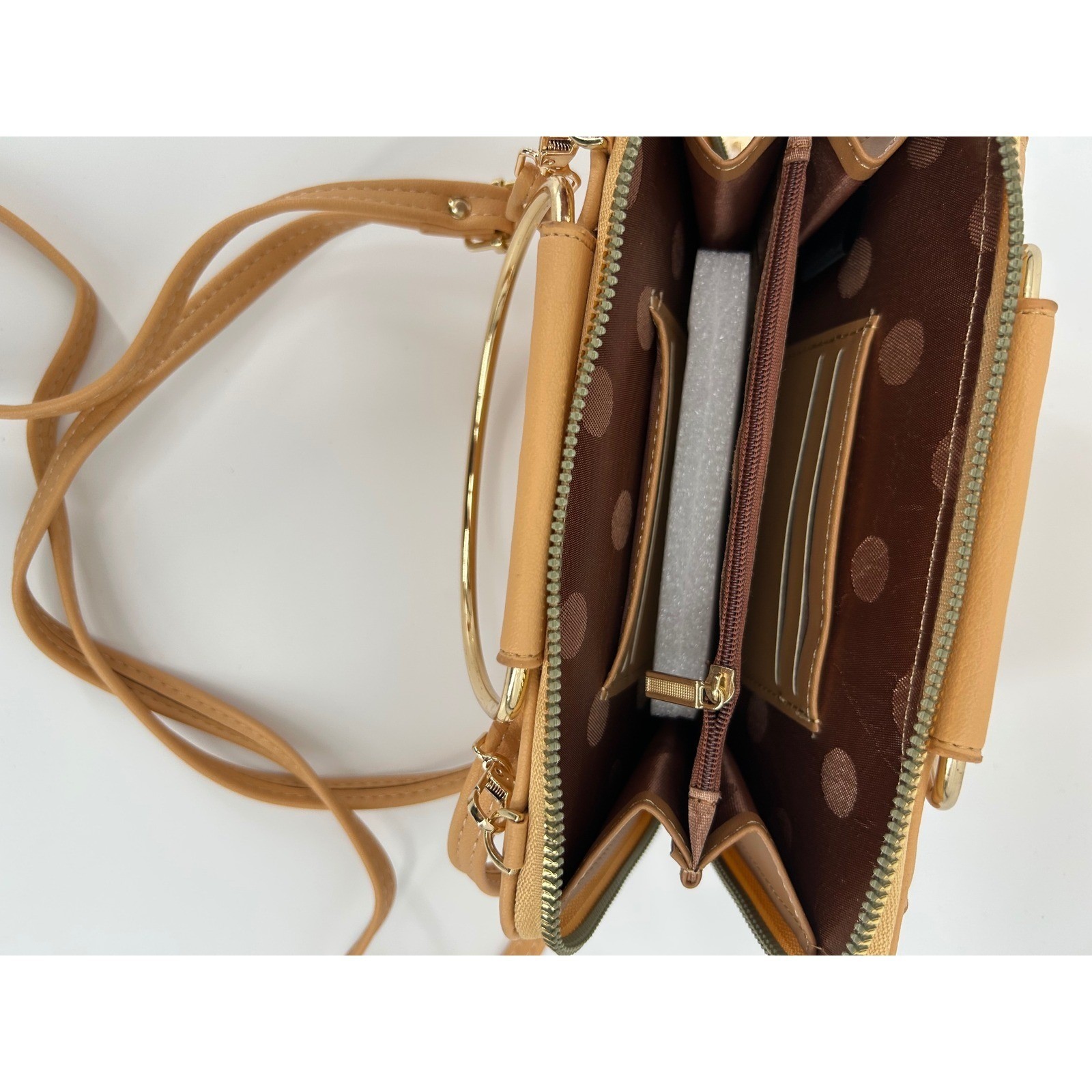 Tan Vegan Leather Crossbody Bag with Gold Ring Handle and V Turn-Lock Clasp