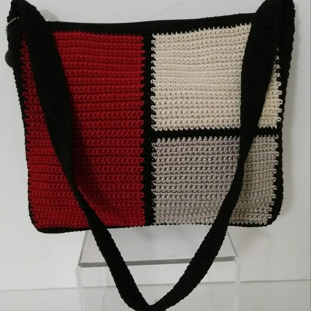 The Sak Crochet Color block Hobo Shoulder Bag Black Red Grey