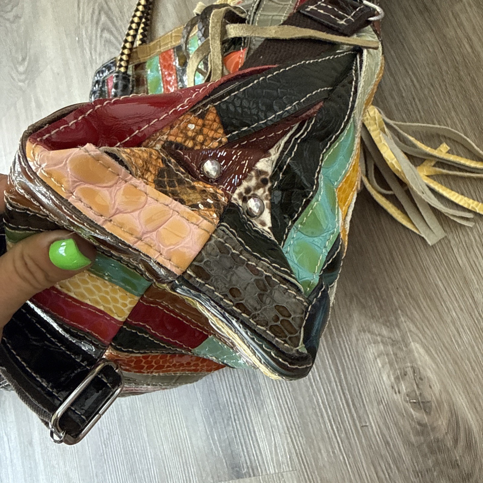 Patent Leather Large Tote W/handles Multicolor Patchwork strips Boho Style